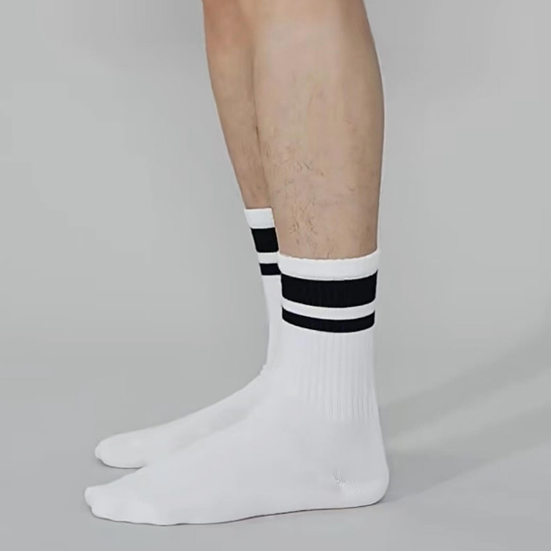 Men's Black White Double Striped Cotton Athletic Socks