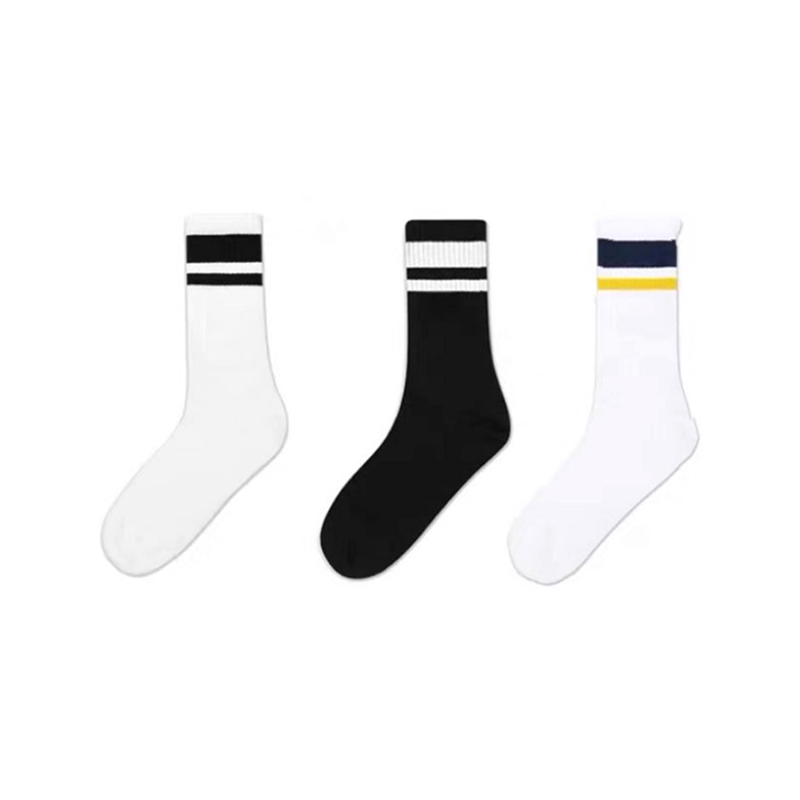 Men's Black White Double Striped Cotton Athletic Socks